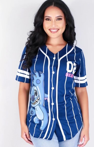 Disney Stitch Jersey Ohana Navy Aloha shirt NOBODY GETS LEFT BEHIND TOP - Picture 1 of 10